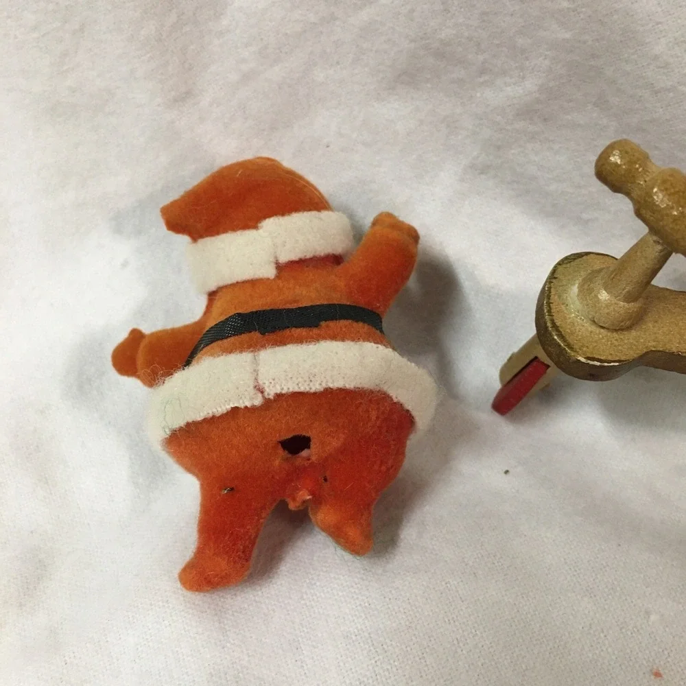 Vintage Flocked Santa Hard Plastic and Wooden Scooter Christmas Ornaments RETRO